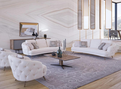 Modern design furniture, upholstered furniture, three-seater sofas, luxury, 2x armchairs, coffee table.